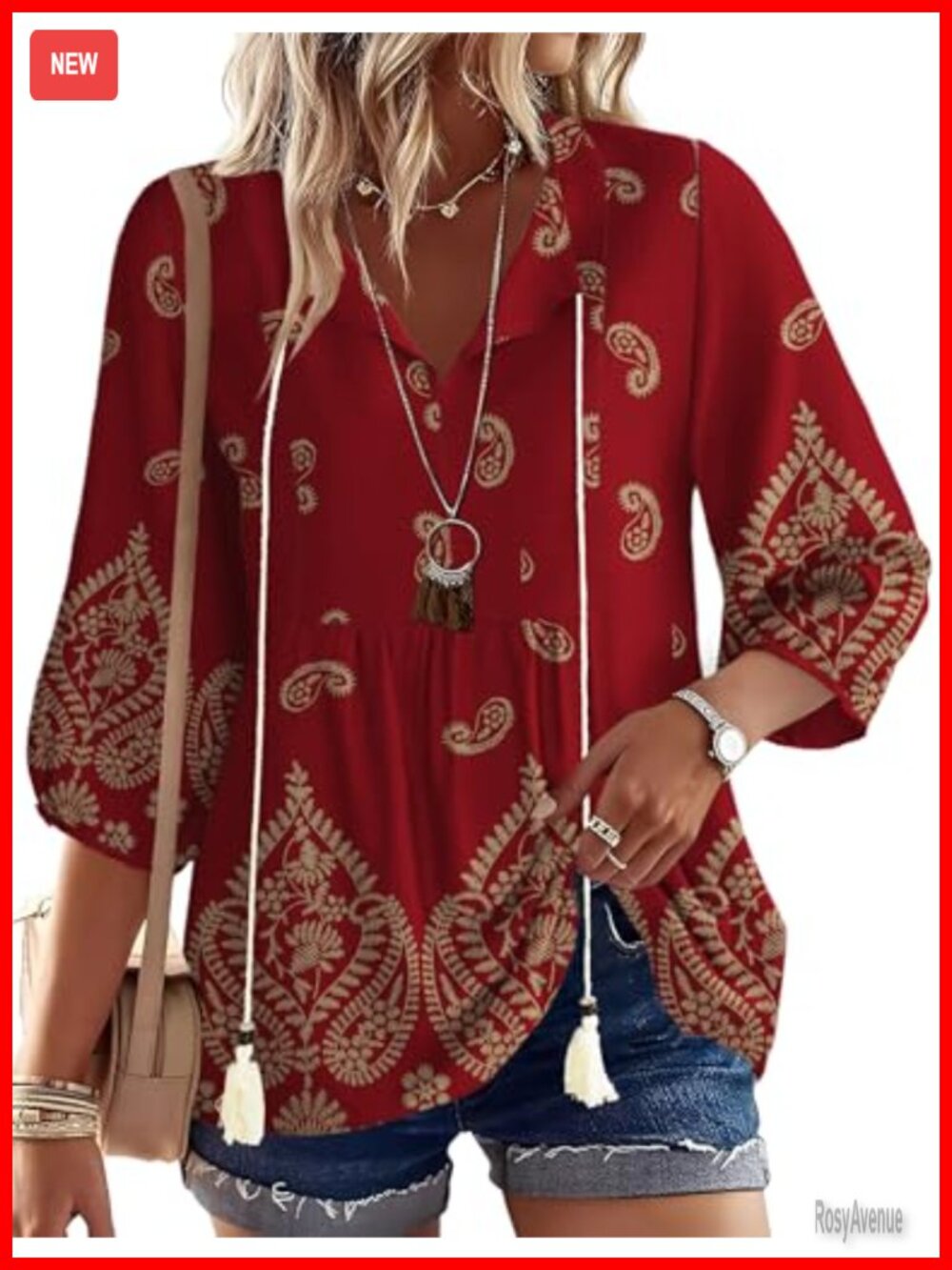 Boho 3/4 Sleeve V-Neck Tunic Top with Tie Front - Rayon Blend Women's Blouse
